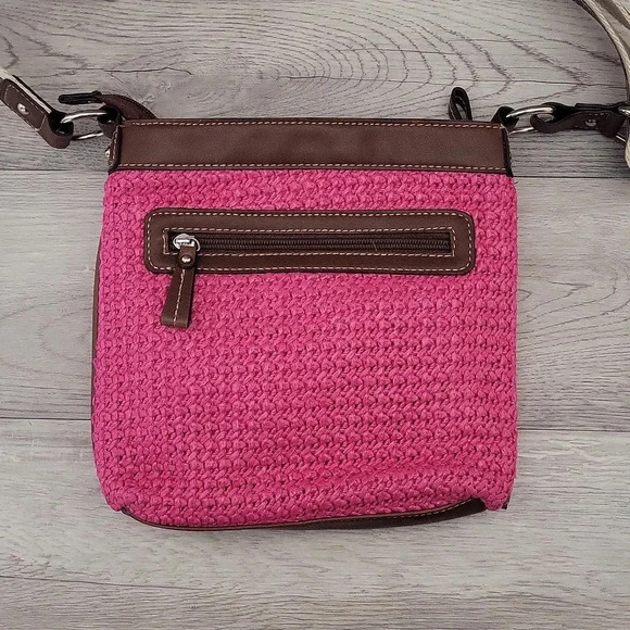 Chaps‎ Pink Brown Woven Faux Leather Multi Pocket Crossbody Bag - Picture 11 of 16
